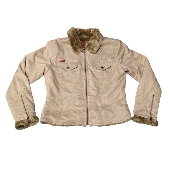 Guess Tan Full Zip Up Jacket Inside & Collar Lined Brown Faux Fur Juniors Winter - Picture 1 of 9